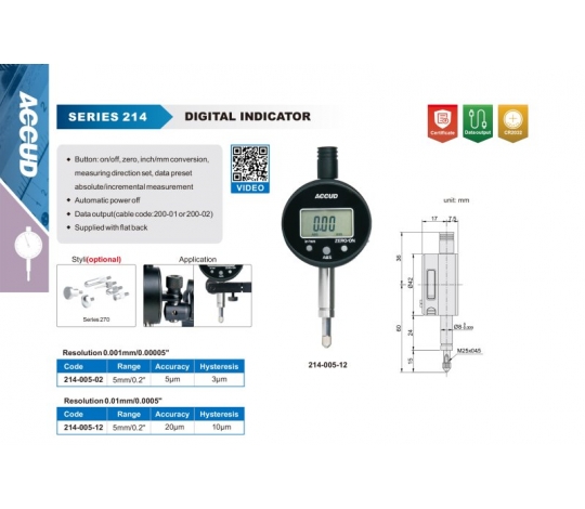 ACCUD 214-005-12 digitální úchylkoměr, s plochou zadní stranou / 0-5mm / 0.01mm