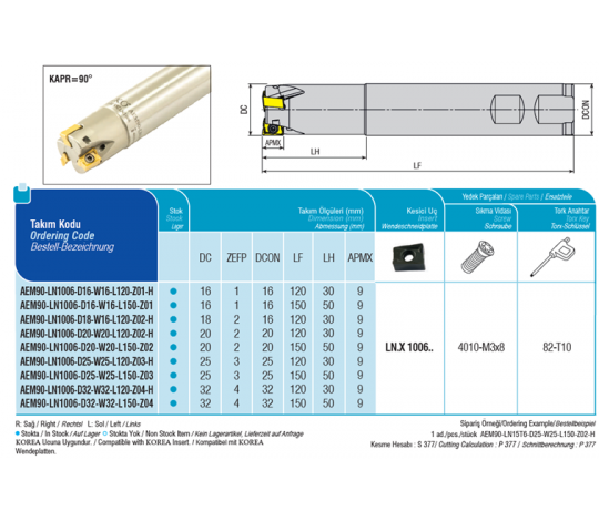 Fréza stopková čelní AEM90-LN1006-D25-W25-L150-Z03