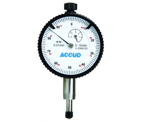 ACCUD 228-005-11 přesný číselníkový úchylkoměr 0-5mm ( 0,01mm ) s ouškem i s plochou zadní stranou / ciferník pr.  40mm