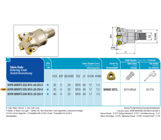 Stopková rychloposuvová fréza se závitem AHFM-WN09T3-D32-M16-L40-Z03H
