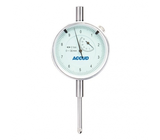 ACCUD 230-030-11 mechanický přesný číselníkový úchylkoměr 0-30mm ( 0,1mm ) s ouškem na zadní straně