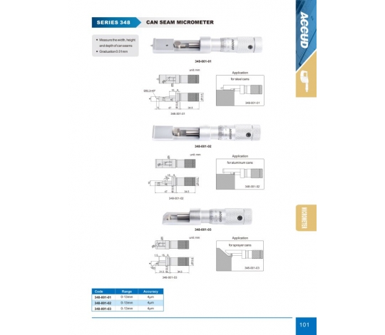 ACCUD 348-001-01 třmenový mikrometr na měření švů ocelových konzerv 0-13mm (0.01mm)