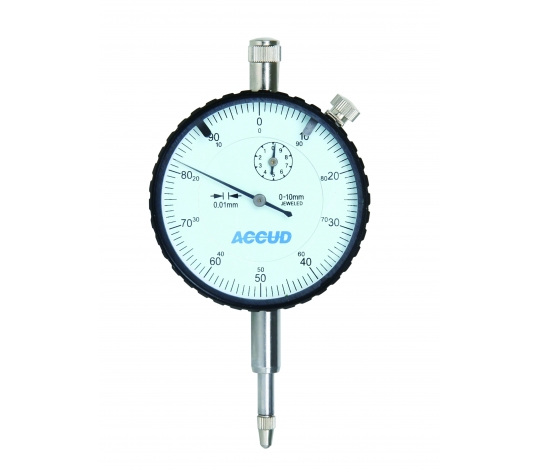 AKCE - ACCUD 222-010-11 přesný číselníkový úchylkoměr 0-10mm ( 0,01mm ) s ouškem na zadní straně